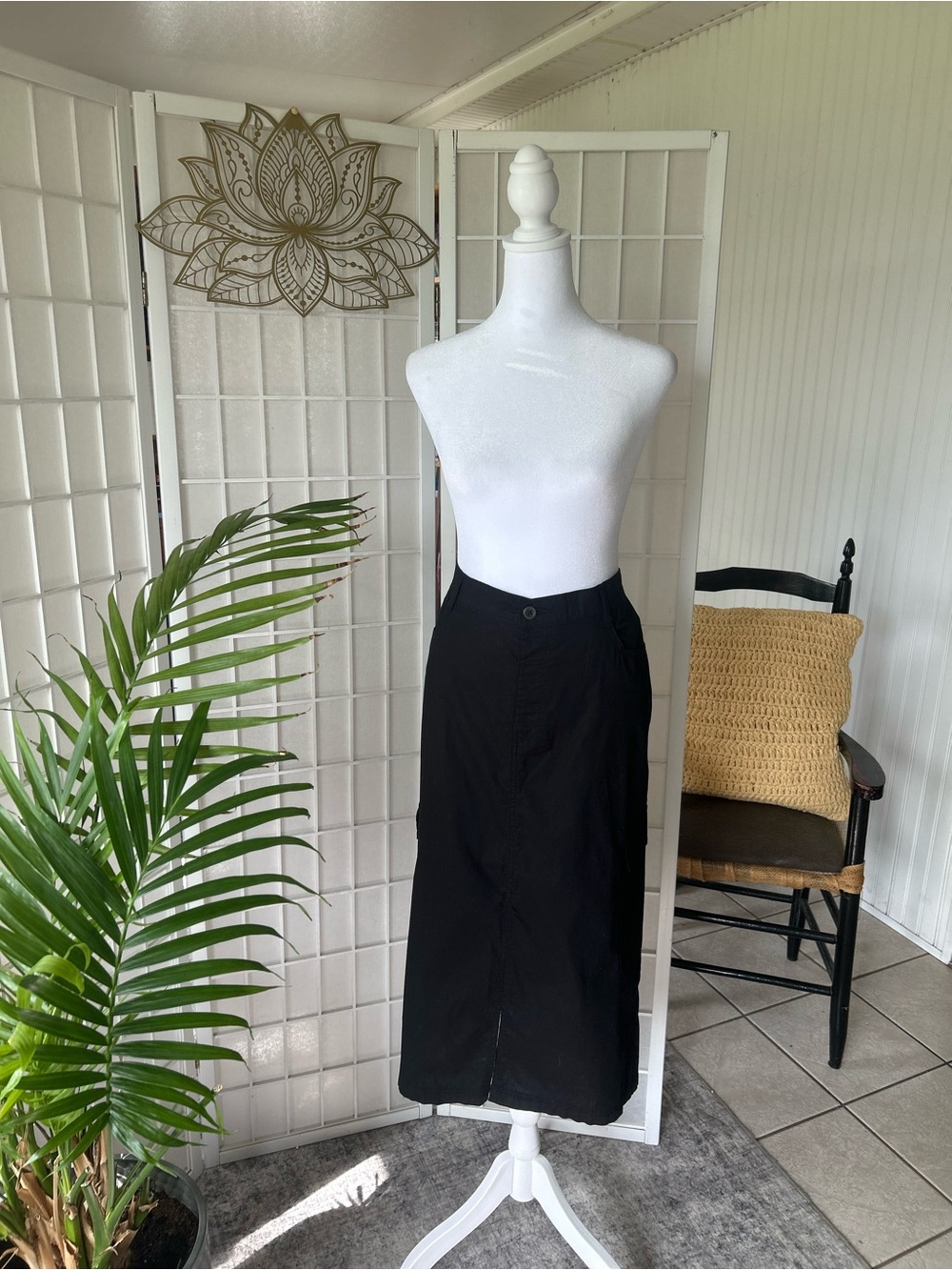 DA-SH Black Cargo Midi Skirt Front Slit Side Pockets Boho -Lg